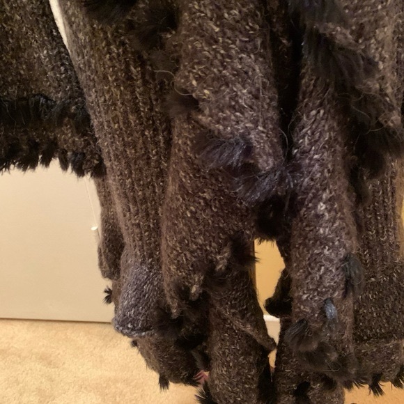 Olivia M long cardigan with knit ruffles and faux fur tuft trim - Picture 12 of 16